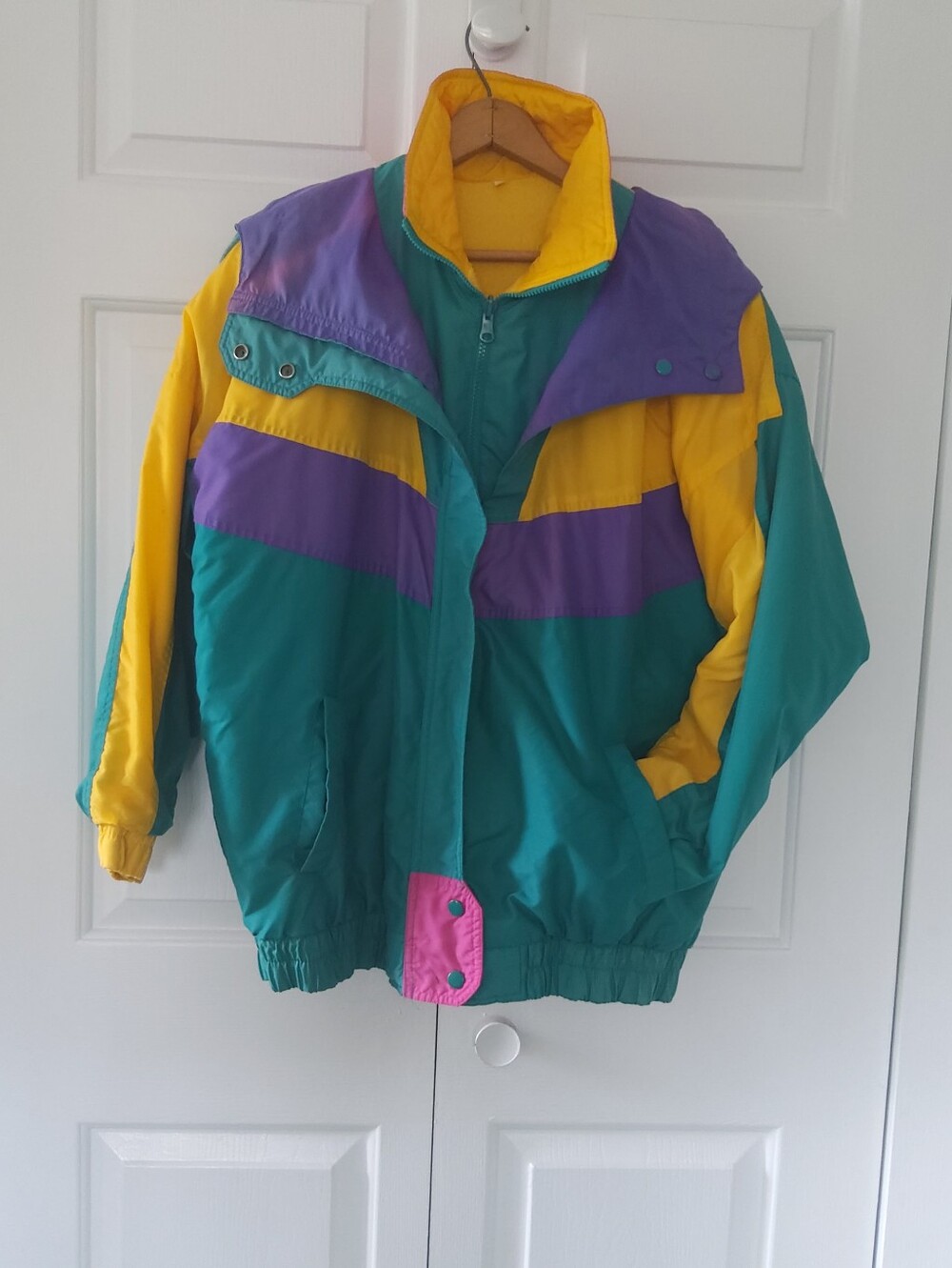 80' 90's Colorblock Ski Puffer Jacket in Teal, Pink, Yellow & Purple Unisex